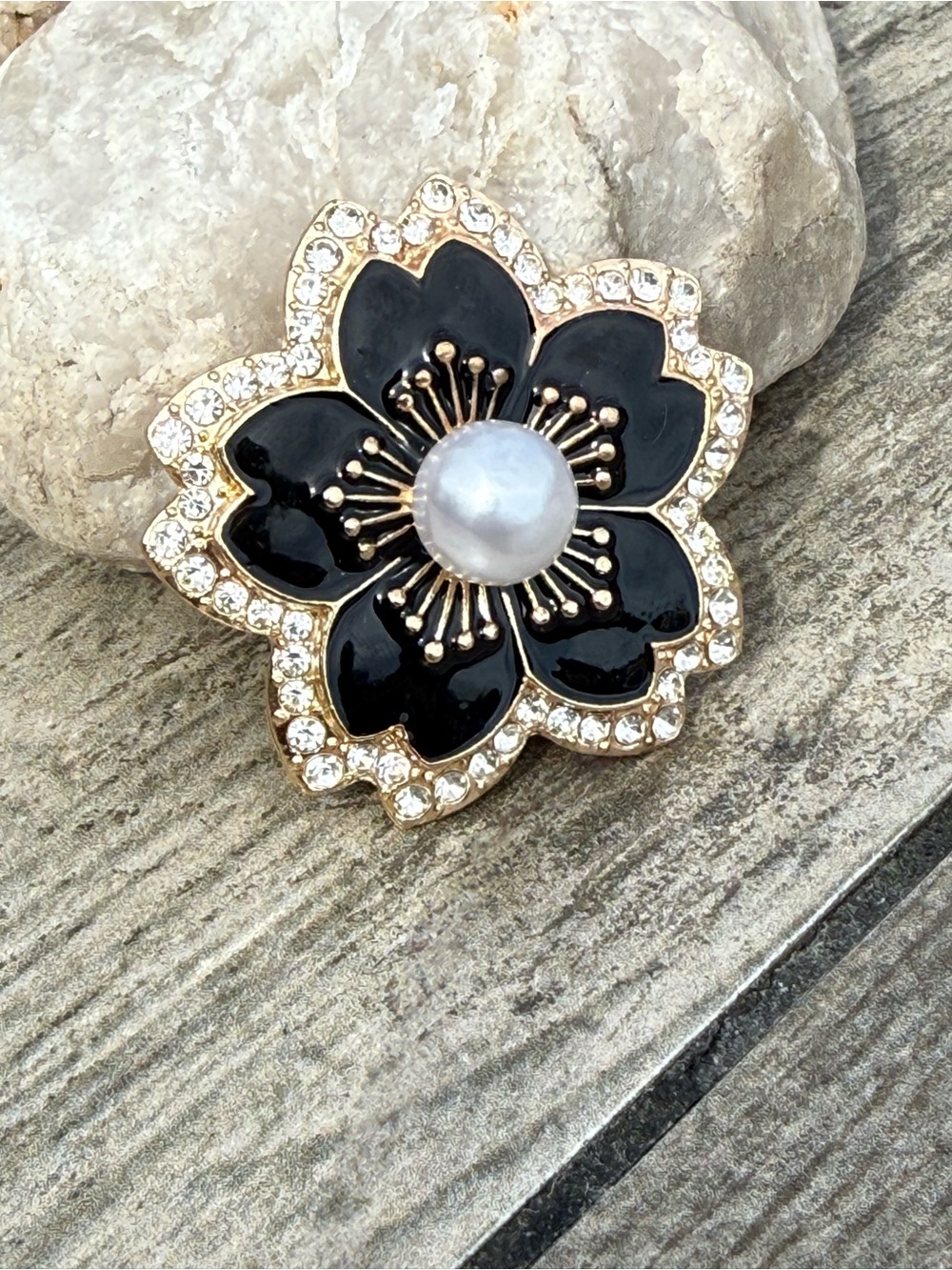 NWT Gold-Tone Black Enamel Floral Brooch with Pearl Center